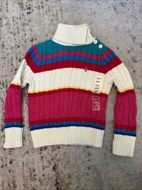 Vintage Ralph Lauren Cream Multicolor Stripe Cable-Knit Turtleneck Sweater